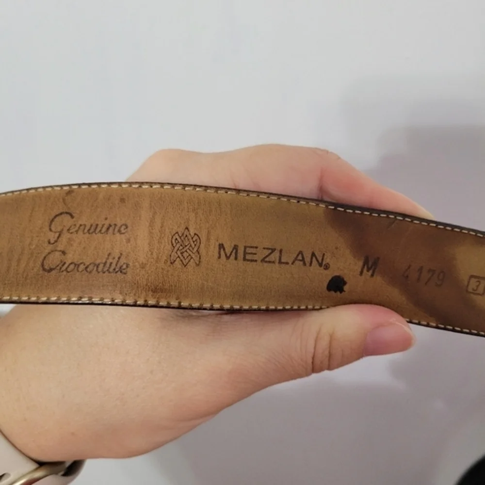 Mezlan Men's Genuine Crocodile Leather Dress Belt Size 34 Black Spain‎ Brass